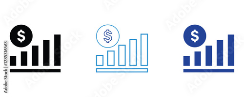 Growing graph with dollar coin icons, vector of a graph showing increasing on investment icons vector isolated on white background.