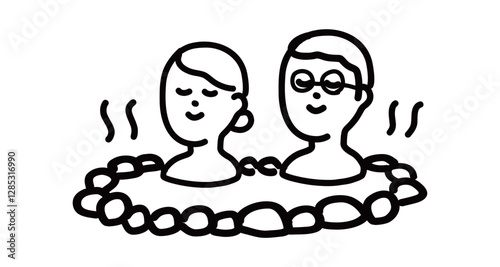 一緒に温泉でリラックスするカップル・夫婦の手書きベクターイラスト