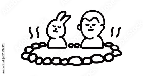 一緒に温泉でリラックスするうさぎと猿の手書きベクターイラスト