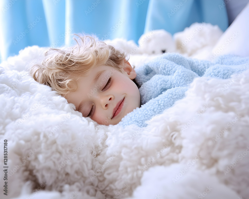 Toddler sleeping soundly in soft bedding, bedroom background Toddler sleeping soundly in soft bedding, bedroom background