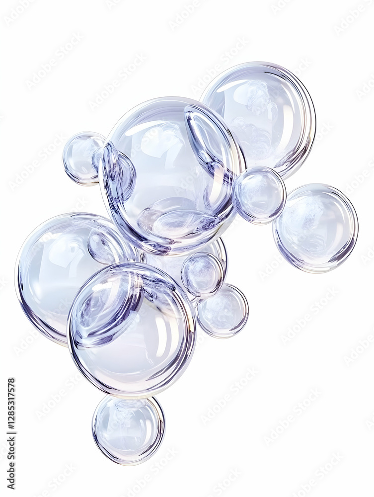 Transparent bubbles floating, isolated, white background, science concept Transparent bubbles floating, isolated, white background, science concept
