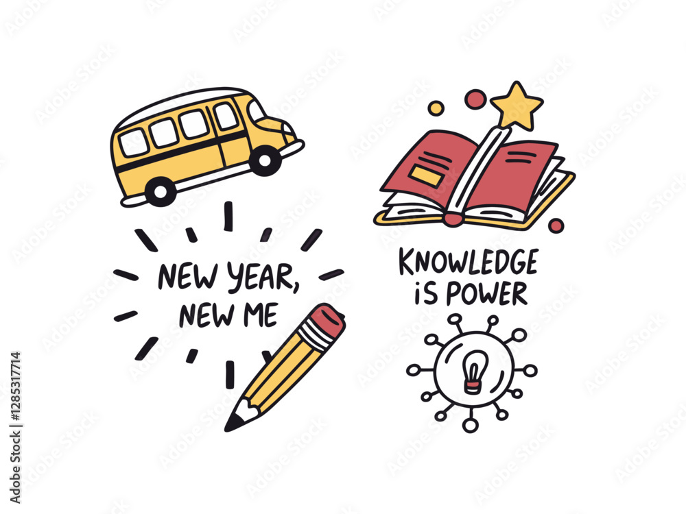Naklejka premium School phrases of inspirational lettering with education icons. Inspirational school phrases with education icons, motivational lettering for students and teachers