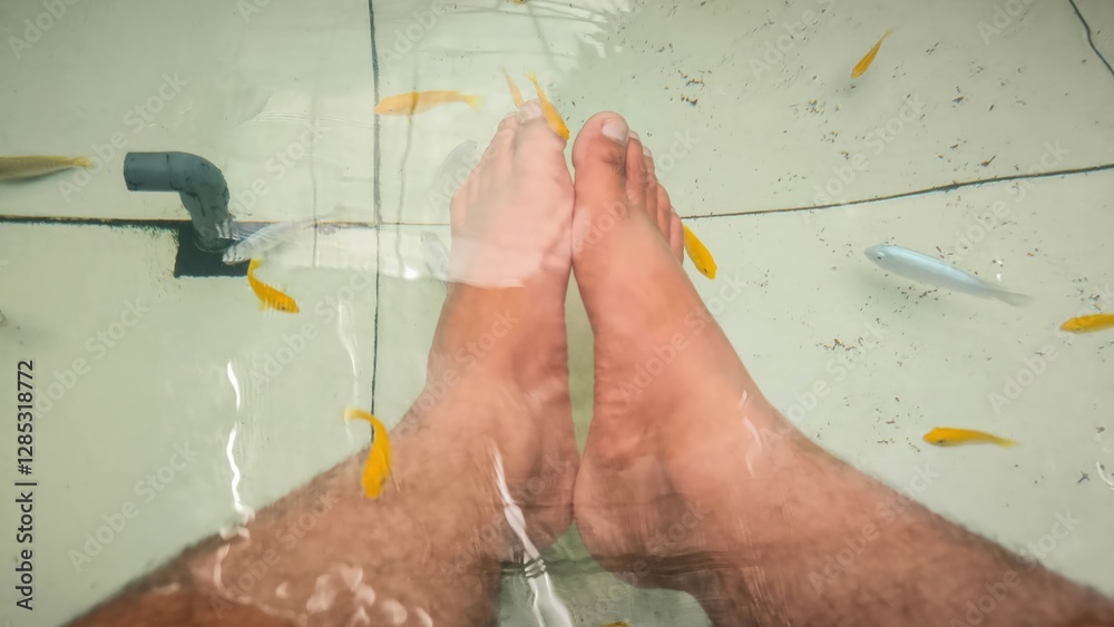 Fototapeta premium Fish pedicure in a spa salon, Relaxation and exfoliation with Garra Rufa fish for healthy and smooth feet experience