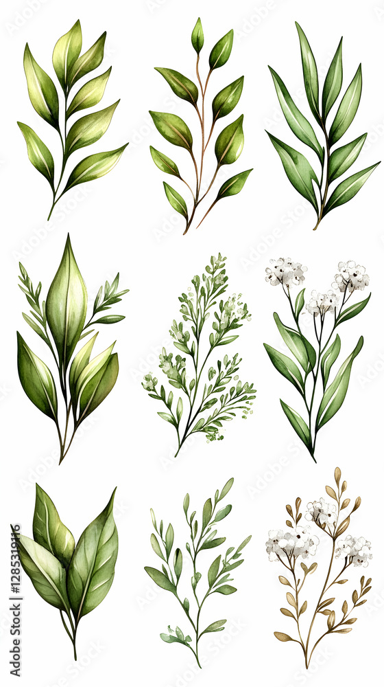 Fototapeta premium Watercolor Botanical Illustrations Green Leaves & White Flowers