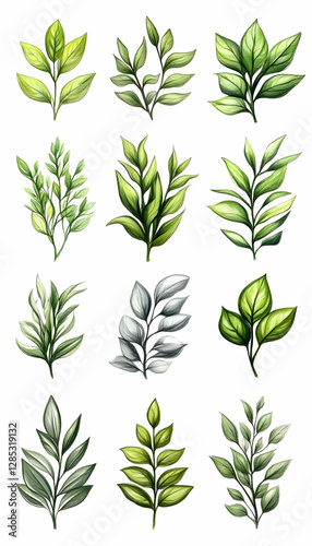 Watercolor green leaves collection; botanical illustration for design