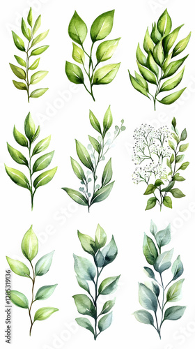 Watercolor green leaves botanical illustration, floral design, nature background, design elements