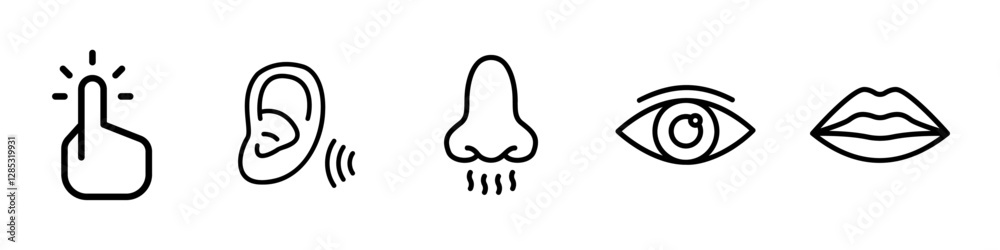 set of five human senses outline icons – editable stroke vector on white background. set of five human senses outline icons – editable stroke vector on white background.