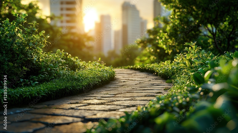 Fototapeta premium Serene pathway winding through lush greenery with city skyline at sunset in the background