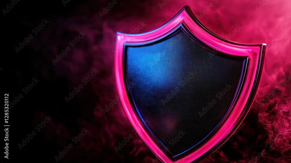Fototapeta premium A glowing shield emblem surrounded by colorful smoke, symbolizing protection and security