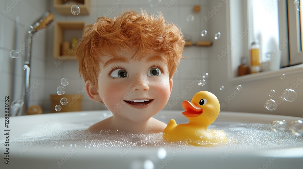 A joyful child in a bubble-filled bath with a rubber duck. A joyful child in a bubble-filled bath with a rubber duck.