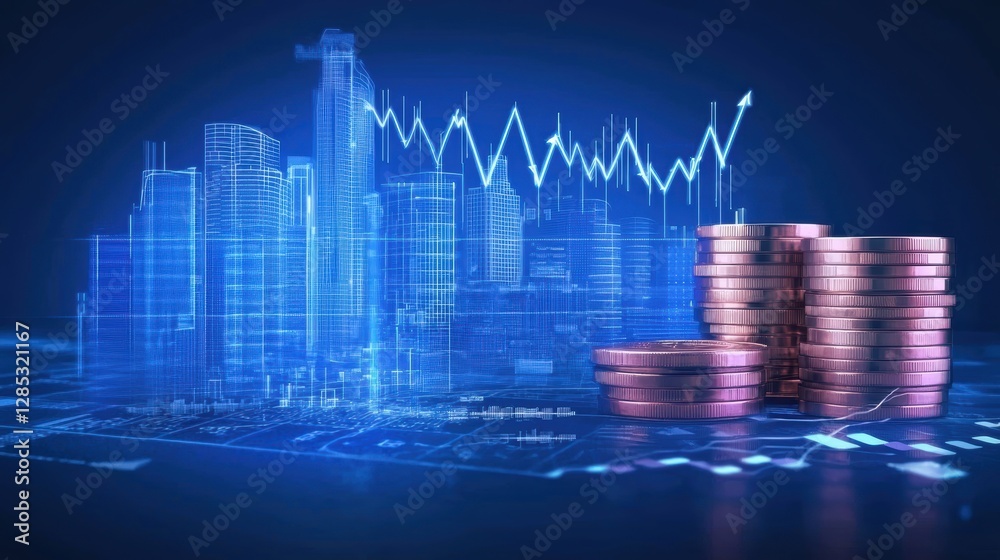 Digital Finance Growth Concept with Stacked Coins and Stock Market Trend in Urban Professional Environment