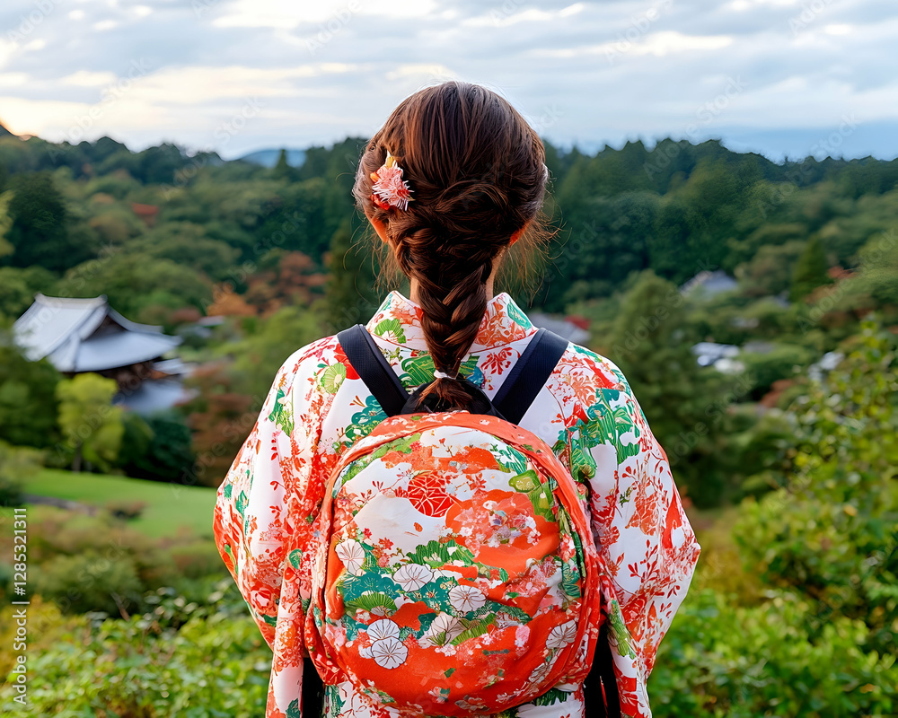 Woman in kimono views autumnal temple landscape Woman in kimono views autumnal temple landscape
