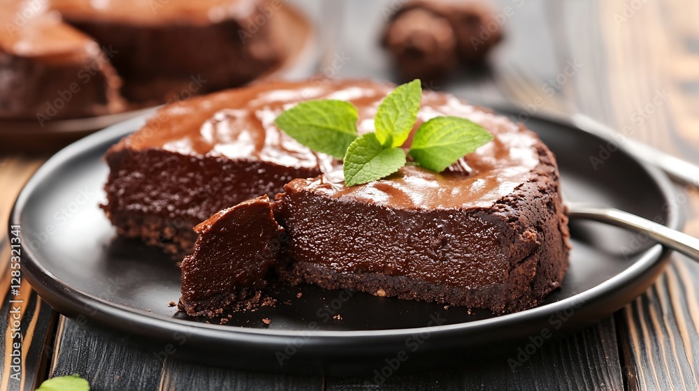 Decadent Chocolate Cake Sliced and Decorated with Fresh Mint Leaves : Generative AI Decadent Chocolate Cake Sliced and Decorated with Fresh Mint Leaves : Generative AI