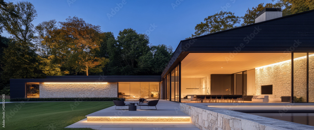 Fototapeta premium Modern architecture blends seamlessly with nature in evening light