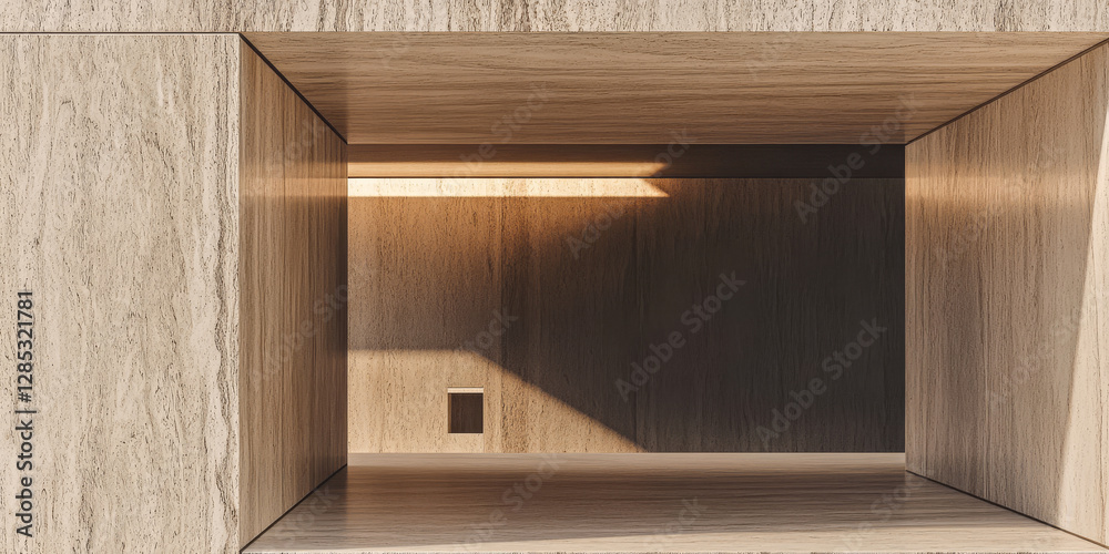 Natural light flows through a minimalist architectural space with wooden and stone finishes Natural light flows through a minimalist architectural space with wooden and stone finishes