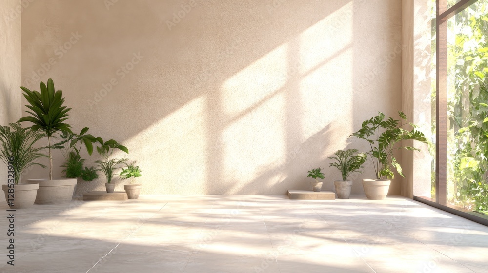 Fototapeta premium Bright Minimalist Interior With Potted Plants Illuminated by Natural Light in a Serene, Open Space