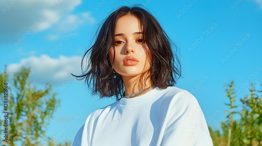 Woman, outdoors, summer, portrait, sunny sky, plants Woman, outdoors, summer, portrait, sunny sky, plants