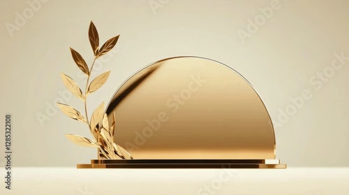 Elegant gold trophy display with plant accent on minimalist backdrop for awards, achievements, and recognition concepts