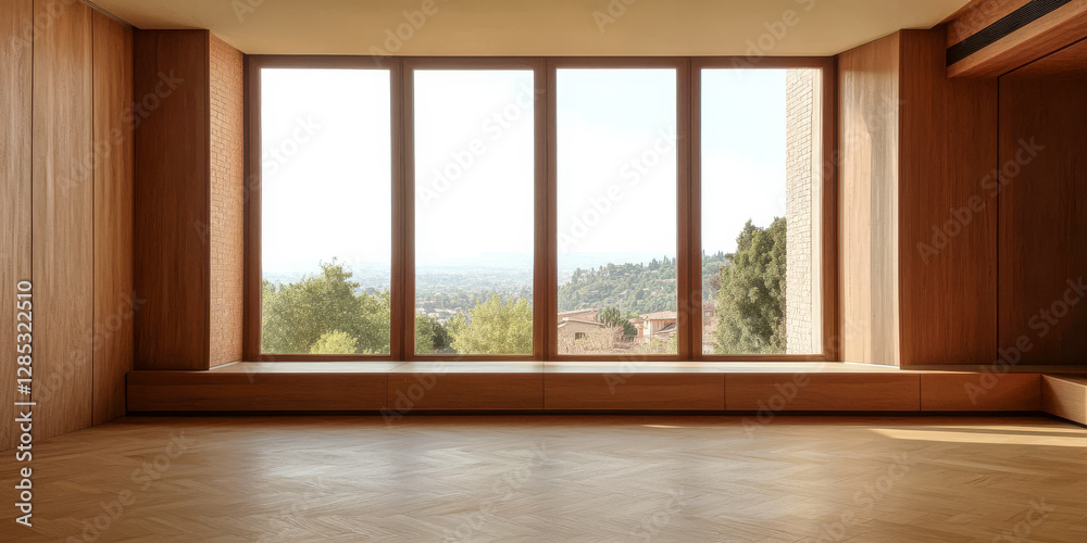Modern architectural interior with large windows showcasing scenic view of nature Modern architectural interior with large windows showcasing scenic view of nature