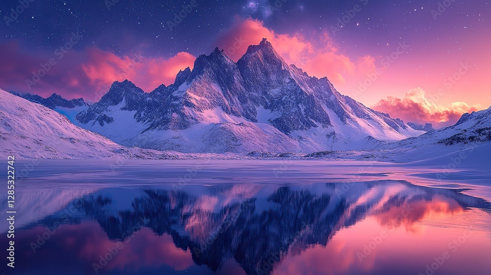 Obraz premium A majestic mountain reflection shimmers under a starry night sky, creating a breathtaking scene