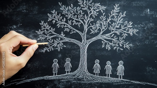 A hand holding a piece of chalk, adding a new branch to a sketched family tree on a blackboard, representing growth and legacy