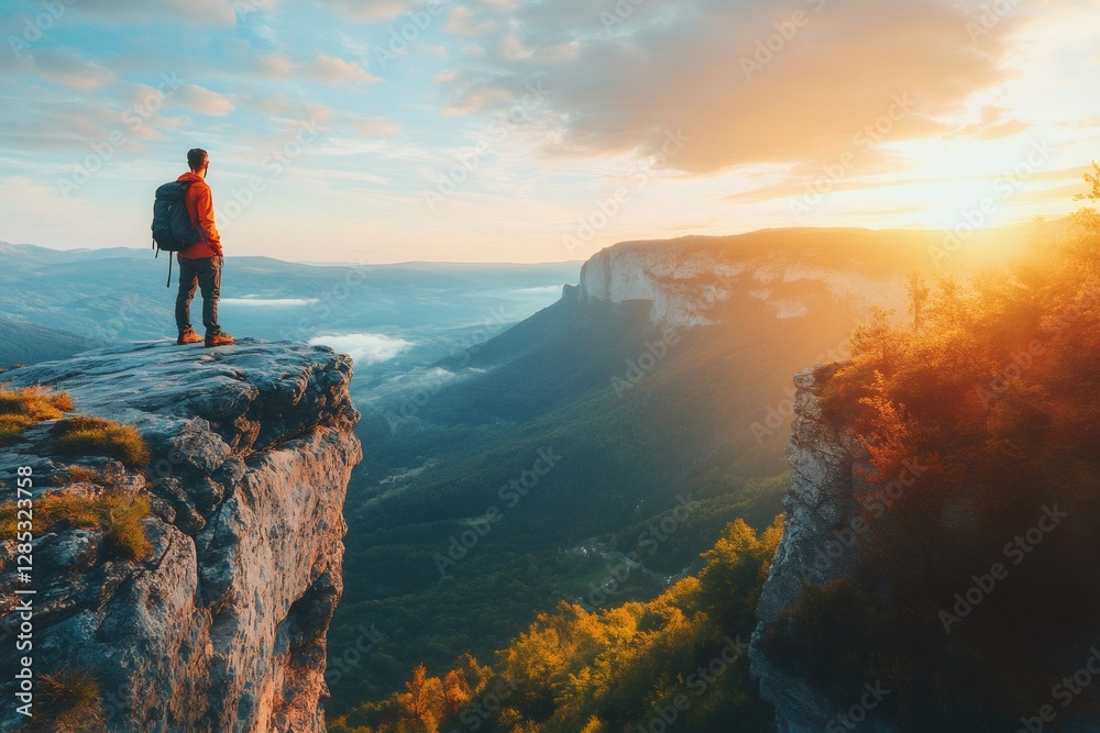 Hiker standing on a cliff enjoying inspiring sunrise mountain view Hiker standing on a cliff enjoying inspiring sunrise mountain view
