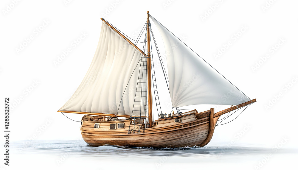 Obraz premium Wooden sailboat sailing on calm sea, white background