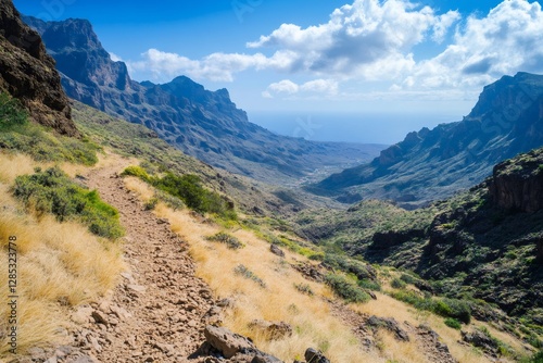 Hiking trail descending into the valley in the Teno mountains of Tenerife, Canary Islands photo