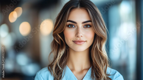 Wallpaper Mural A confident female nurse in a sleek, gorgeous uniform stands tall, embodying professionalism and elegance. The blurred professional background accentuates her graceful presence in a modern setting Torontodigital.ca