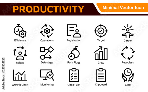 Productivity and Efficiency Icons Collection. Vector Icons for Task Management, Time Optimization, Work Process, and Goal Achievement