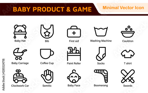 Baby Product & Game Icon Set. A charming collection of icons designed for parents and caregivers, perfect for websites, apps, and marketing materials focused on baby products and playful learning.