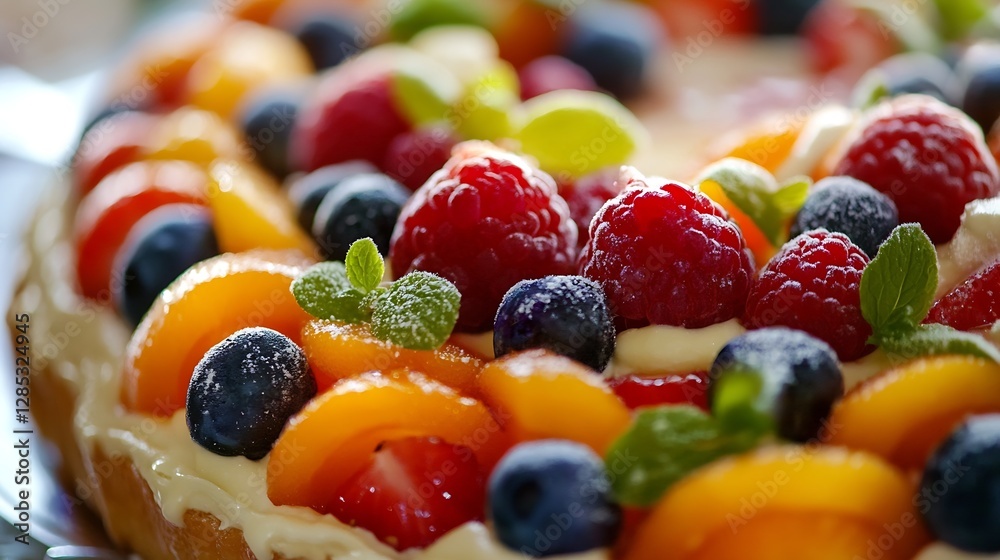 Delicious and colorful fruit tart topped with fresh berries and mint leaves garnished for dessert : Generative AI Delicious and colorful fruit tart topped with fresh berries and mint leaves garnished for dessert : Generative AI