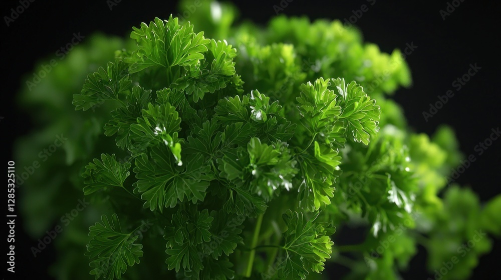 Freshly harvested parsley close-up with vibrant green leaves against a dark background Freshly harvested parsley close-up with vibrant green leaves against a dark background