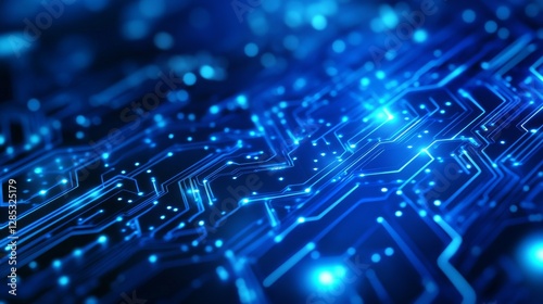 Quantum computer technology concept with blue futuristic circuit board, showcasing modern texture and wave flow, representing cutting-edge quantum explosion in digital systems.