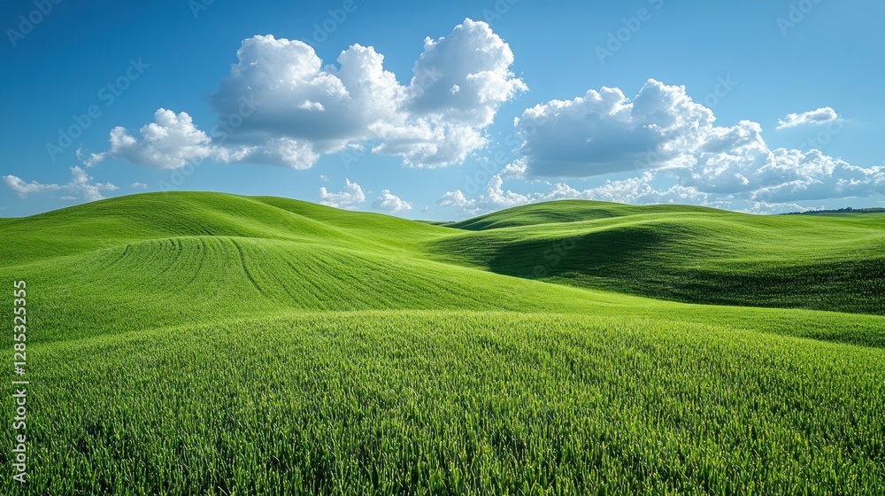 Naklejka premium Rolling Hills, Green Fields, Sunny Sky