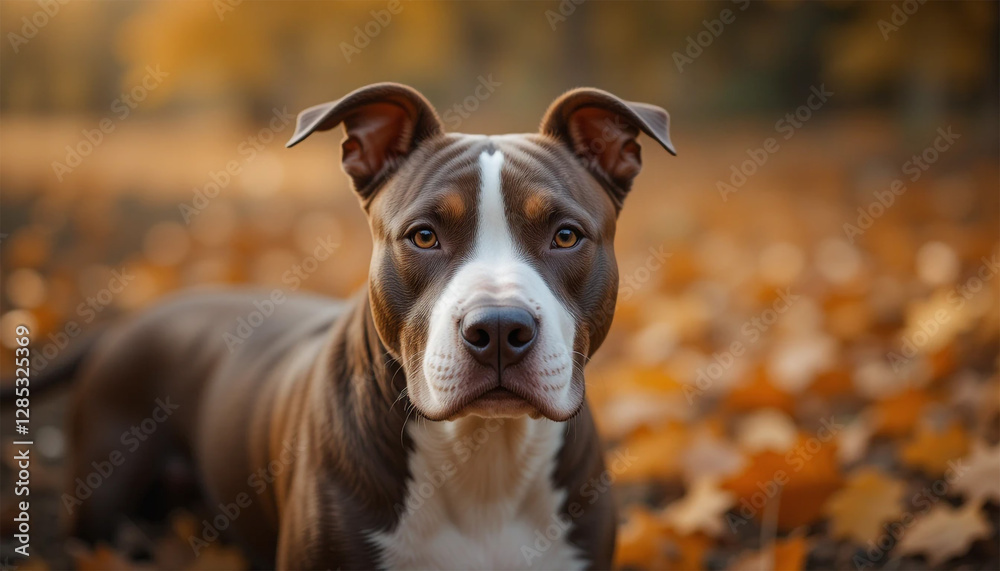 portrait of a dog, Pit Bull Lying on Autumn Leaves portrait of a dog, Pit Bull Lying on Autumn Leaves