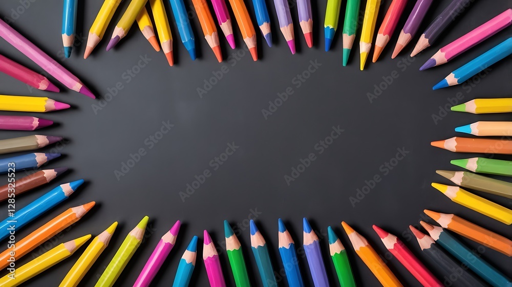 Fototapeta premium Colorful Pencils Border on Dark Gray Background for Business Designs