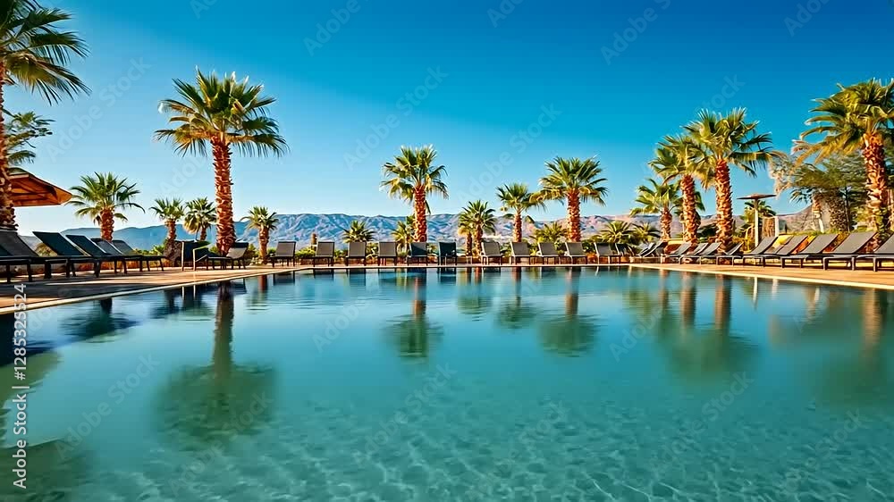 Serene resort pool surrounded by palm trees under a clear blue sky with mountains in the background Serene resort pool surrounded by palm trees under a clear blue sky with mountains in the background