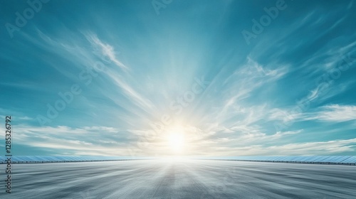 Expansive solar farms under clear blue skies, vast fields of panels harnessing renewable energy for a sustainable future