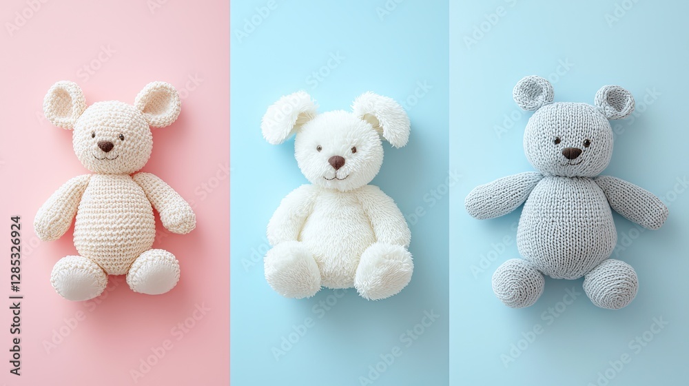 Three stuffed animals arranged on a split pink and blue background