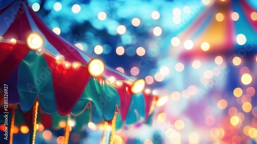 Colorful Carnival Tents Under Evening Lights at a Festive Summer Fair