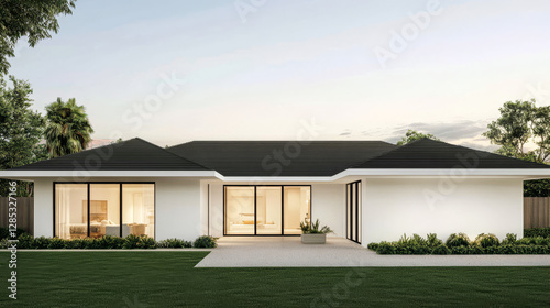 Modern residential house with garden in a serene suburban neighborhood at sunset