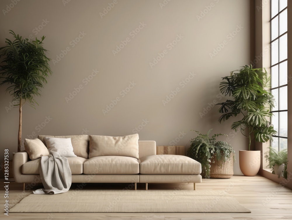 Serene living room with a couch and various houseplants Serene living room with a couch and various houseplants
