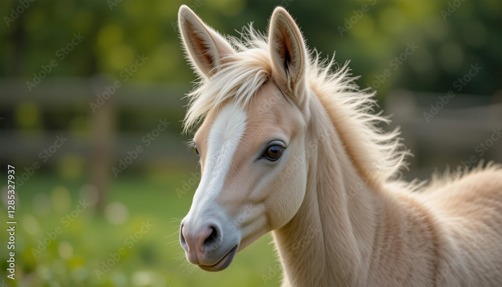 Fototapeta premium portrait of a horse, Close-up of a Young Palomino Foal in a Pasture