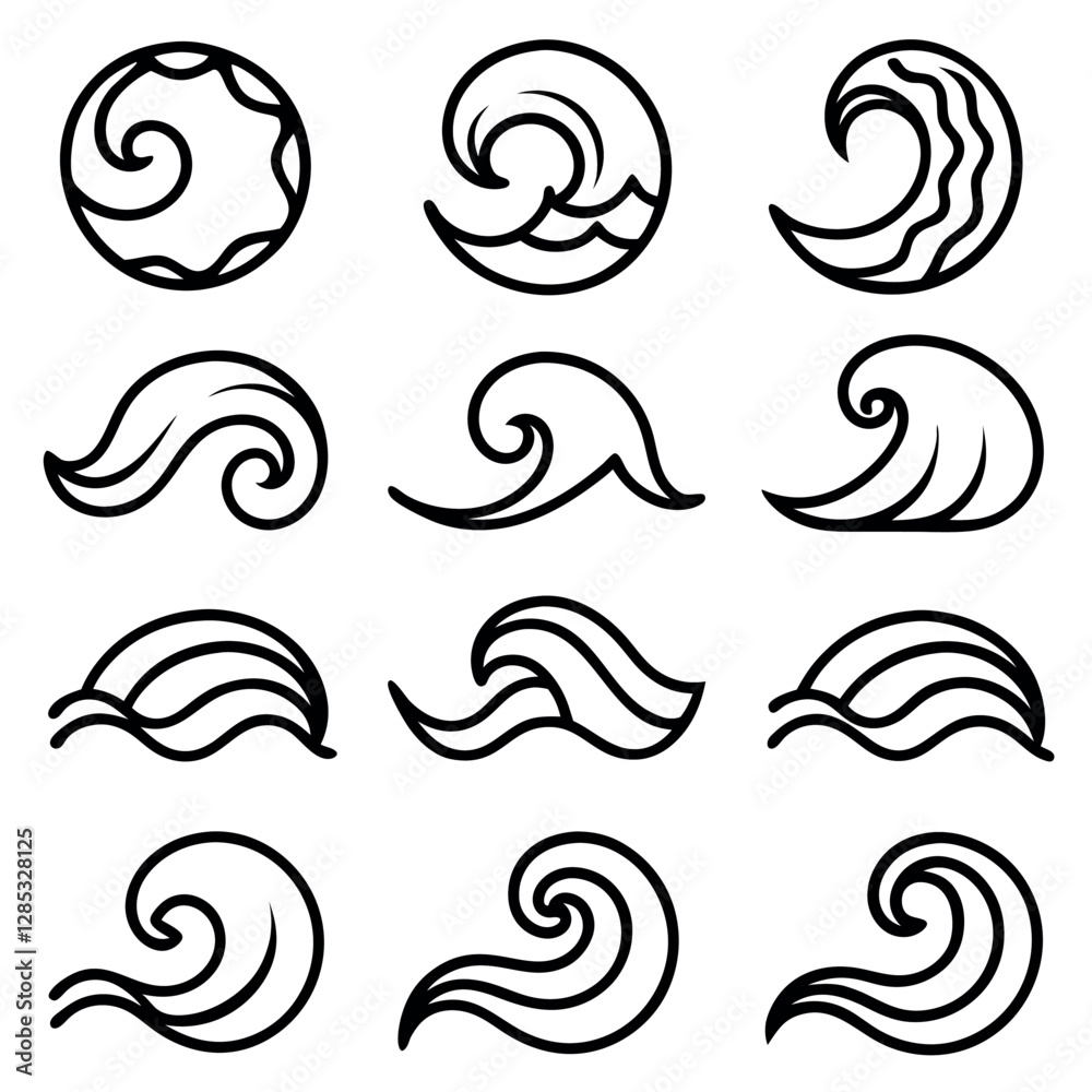 Fototapeta premium This image features a set of diverse, minimalist black line art icons depicting various ocean waves.