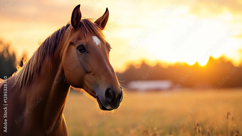 Fototapeta premium Elegant horse portrait against sunset backdrop in a golden field during twilight : Generative AI