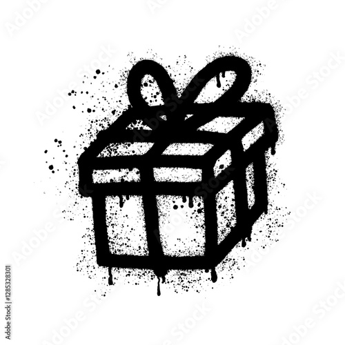 Gift box with bow hand painted with black spray paint in graffiti style