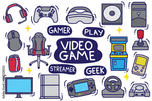 set of gamer doodle with color good for background, wallpaper, element design, icon, etc