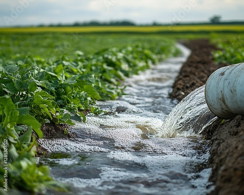 Farm irrigation shows water being pumped through the field