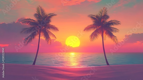 Tropical Beach Sunset with Palm Tree Silhouettes and Vibrant Sky Over a Calm Ocean


